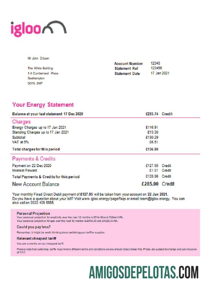 Para baixar modelo de fatura de serviços públicos de energia Igloo do Reino Unido em formato Word e PDF